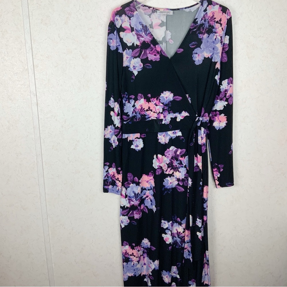 Jennifer Lopes Black Floral Long Sleeve Faux Wrap Maxi Dress M Leg Split Wedding - Picture 2 of 10